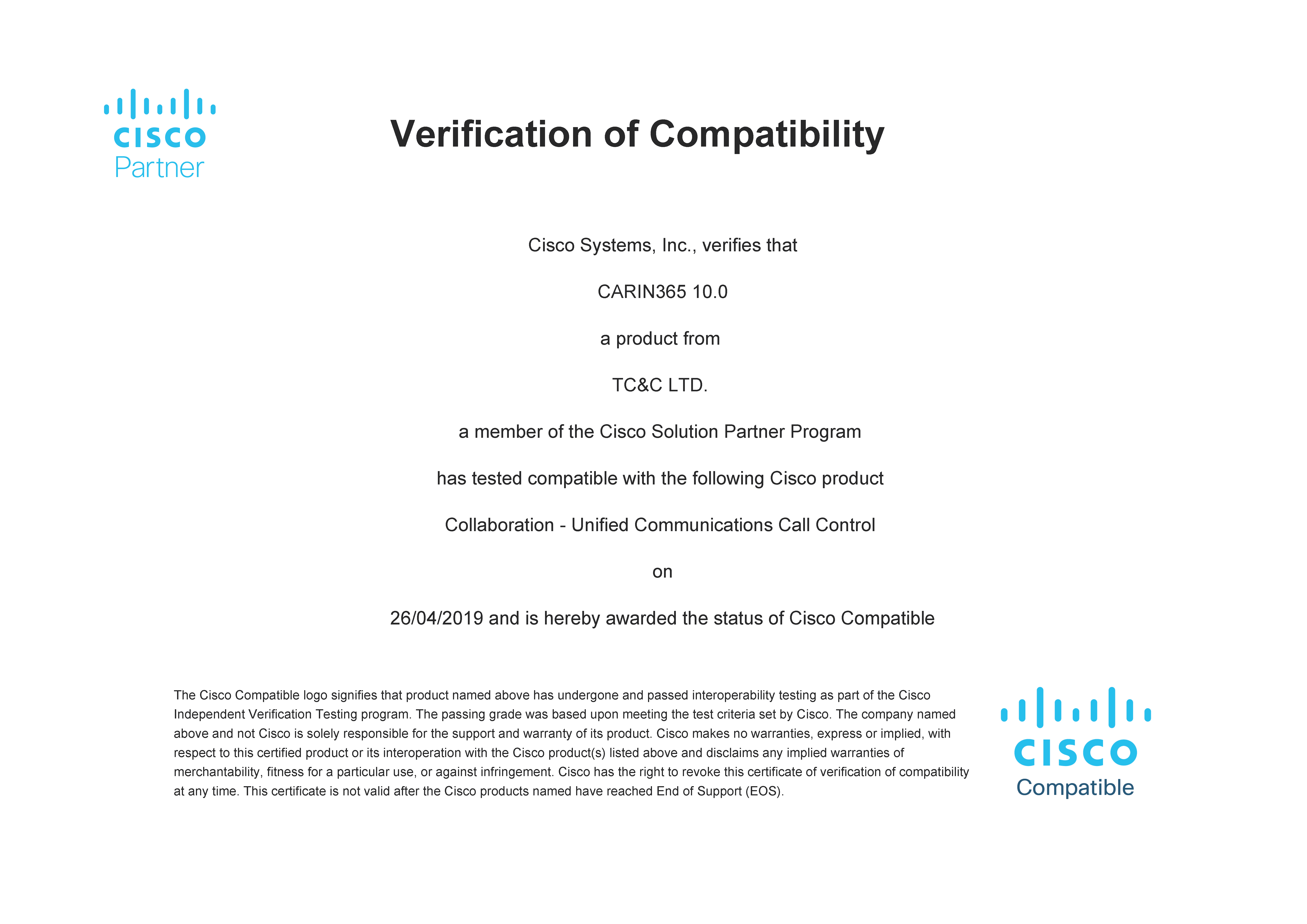 CARIN365 10.0 Cisco Compatibility Certification