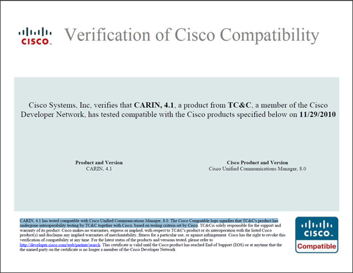 CARIN 4.1 Cisco Compatibility Certification