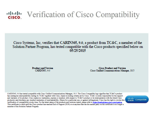 CARIN365 9.0 Cisco Compatibility Certification